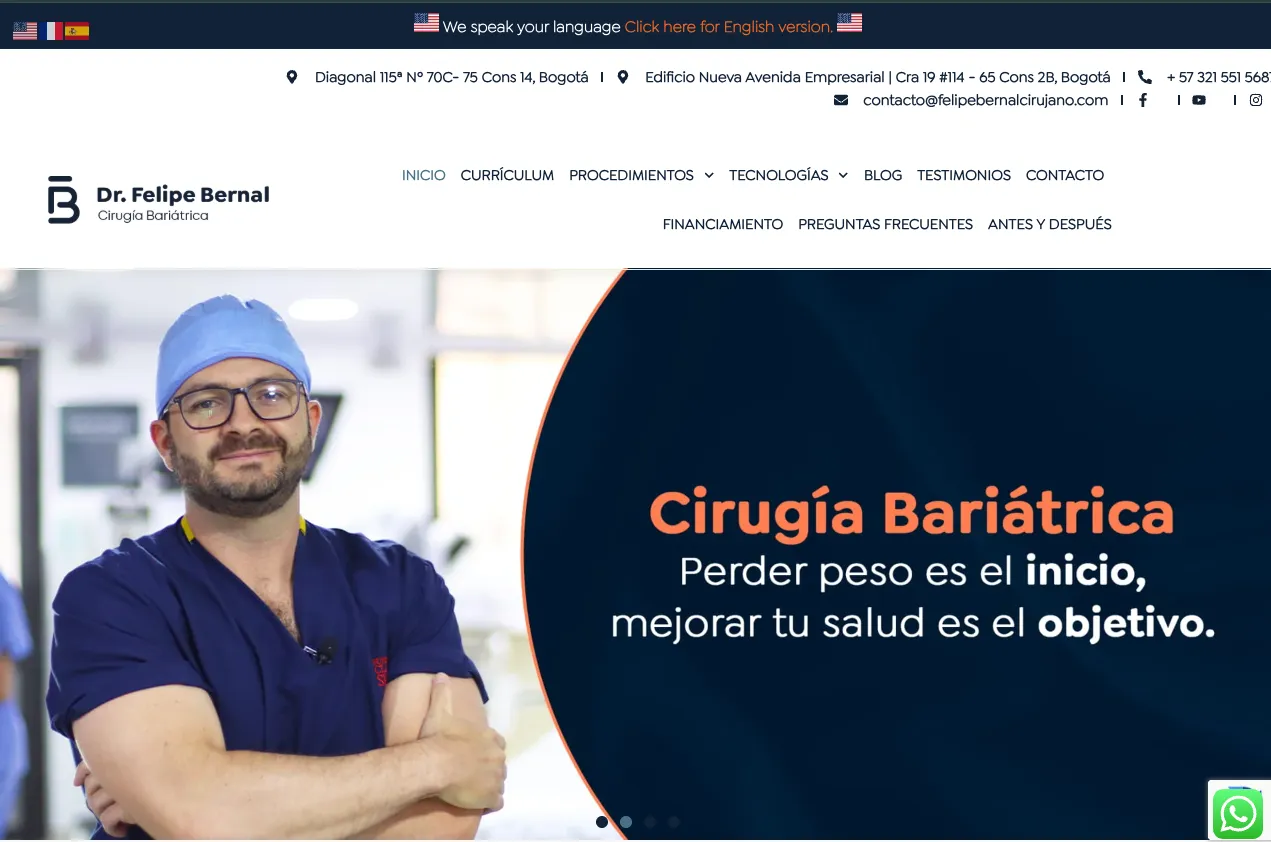 Homepage de felipebernalcirujano.com — sitio web de cirugía bariátrica posicionado por Amedik