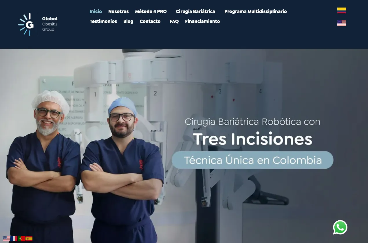 Homepage de globalobesitygroup.com — sitio web de cirugía bariátrica robótica posicionado por Amedik