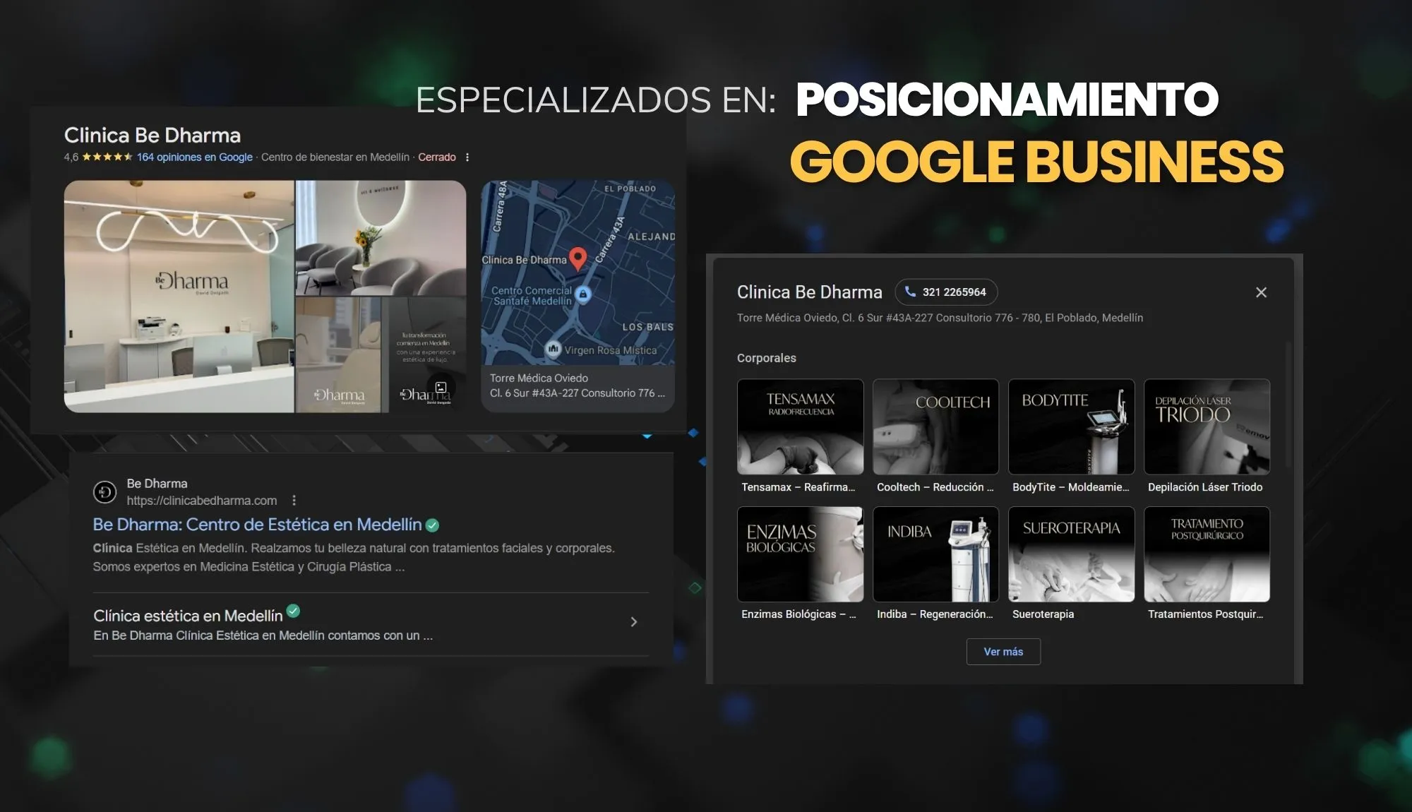 Google Business Profile optimizado por Amedik — Clínica Be Dharma posicionada en Google Maps con reseñas, fotos y servicios configurados