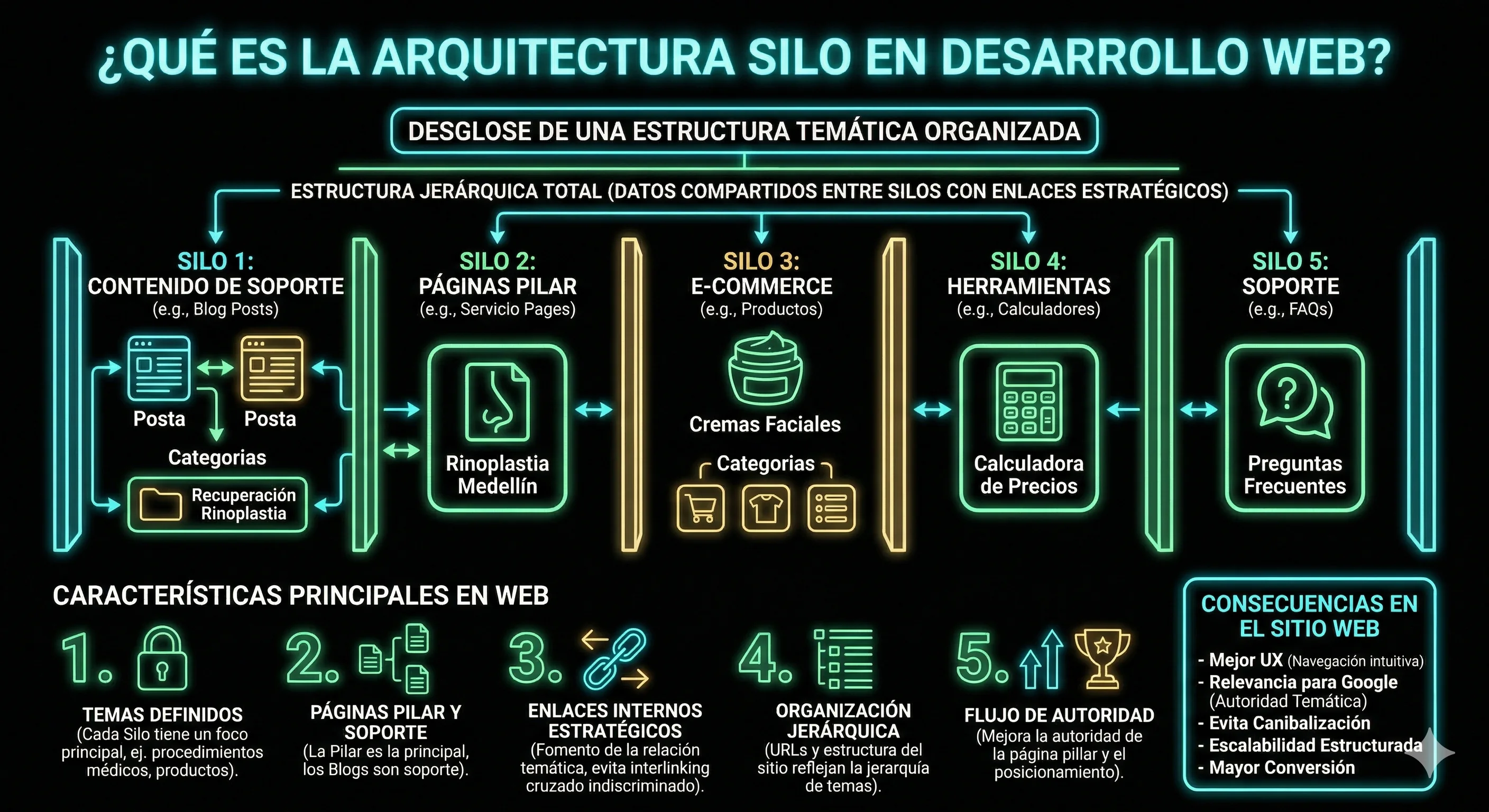Infografía: qué es la arquitectura SILO en desarrollo web — 5 silos temáticos con características y beneficios SEO