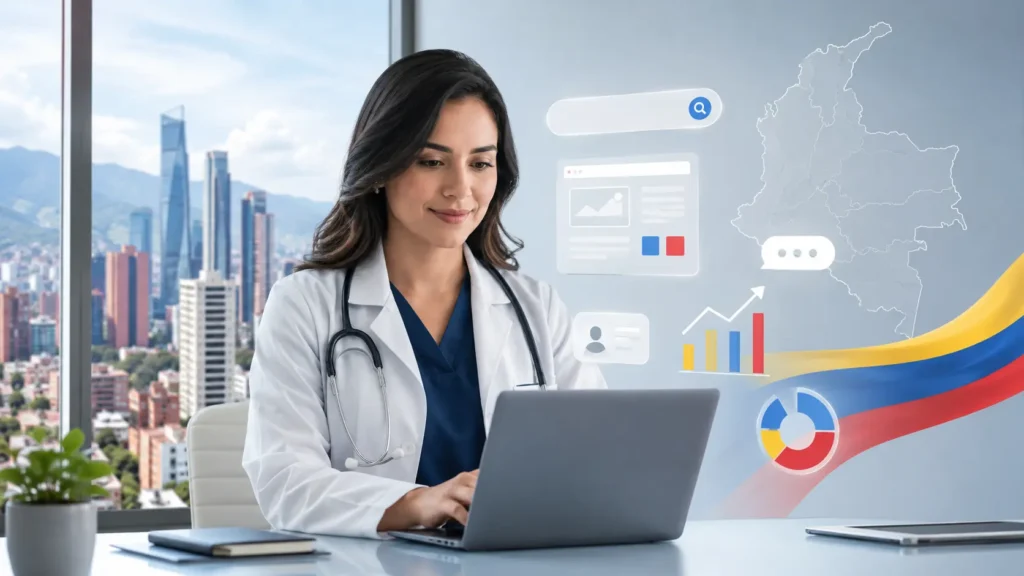 Doctora revisando contenido en redes sociales — marketing de contenidos para clínicas, Amedik