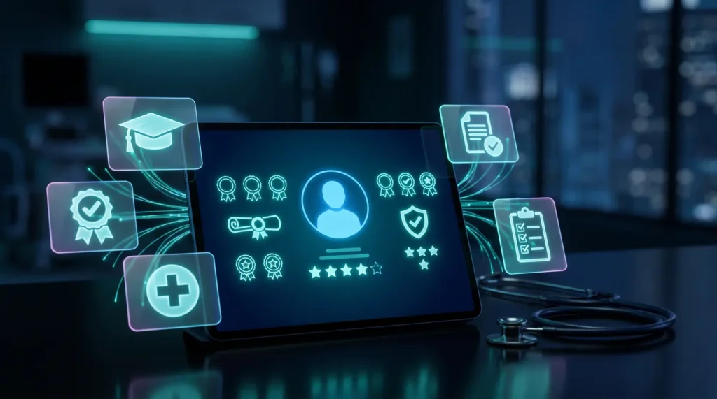 Tablet con el perfil de un médico rodeado de íconos de credenciales, títulos y verificación - Amedik